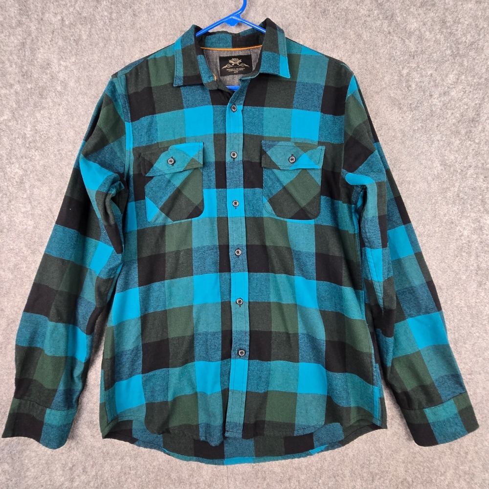 MBX Buffalo Plaid Flannel Shirt Mens Medium M Blue Green Black Long Sleeve Tap